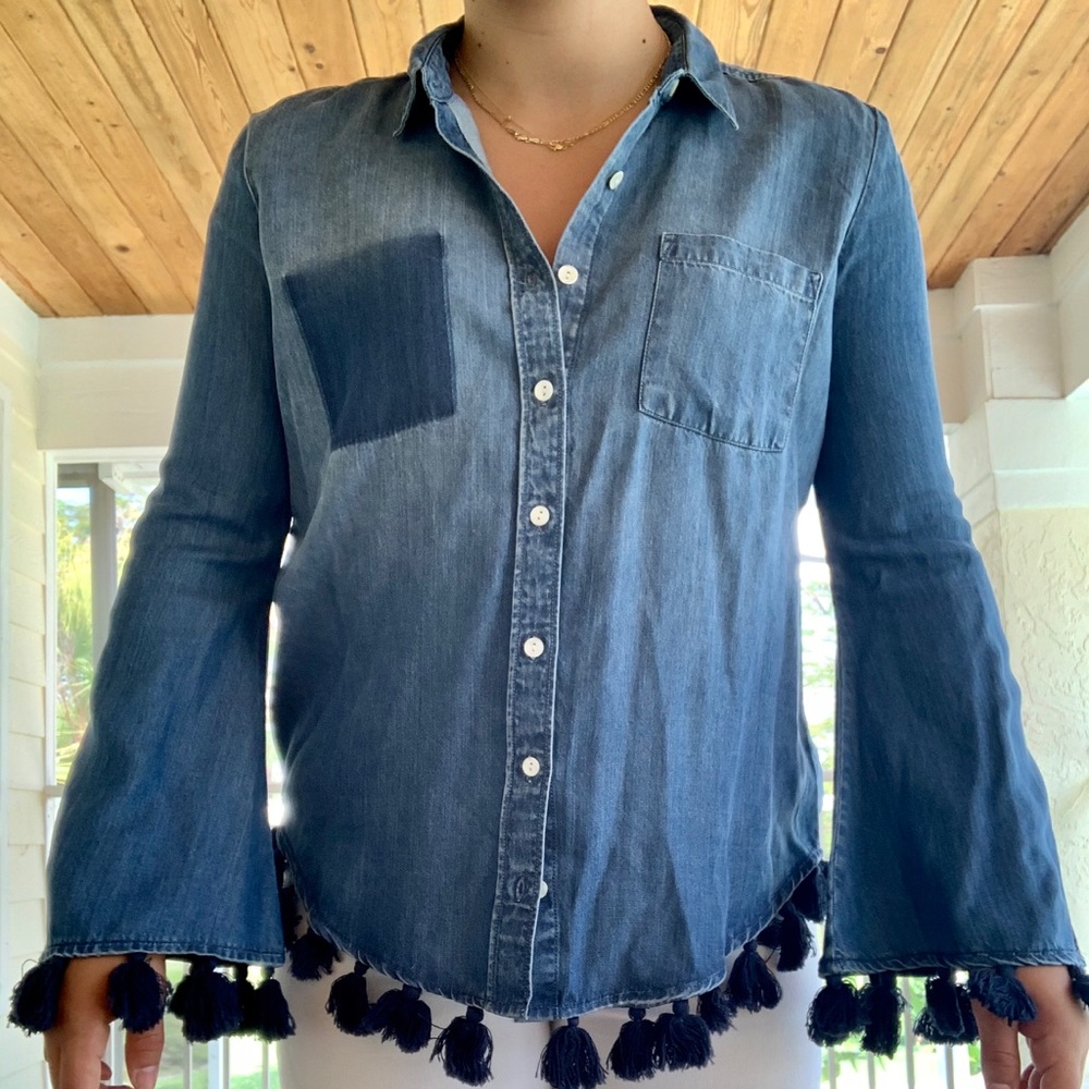 Jachs Girlfriend Denim Button Down with Tassels